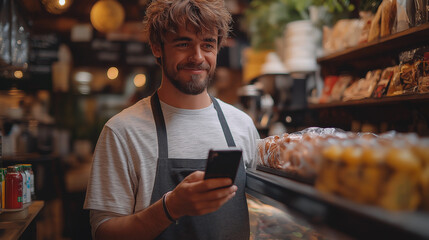 Young man using smartphone in a shop,, wearing an apron, standing indoors