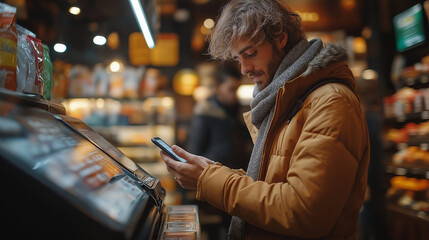 Businessman using mobile payment technology to pay bill in coffee shop.man with manicure holding smartphone and using contactless payment system.new normal lifestyle concept