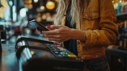 Businessman using mobile payment technology to pay bill in coffee shop.man with manicure holding smartphone and using contactless payment system.new normal lifestyle concept