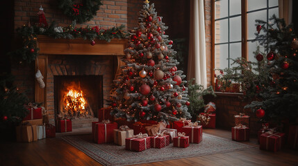 Luxury warm and cozy evening in Christmas room interior design, Xmas tree decorated by gifts, candles, lanterns, fireplace.holiday living room. New year holidays. Bokeh lights garlands