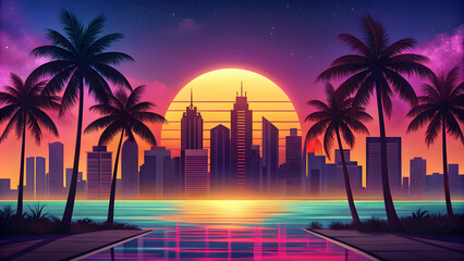 Vibrant neon cityscape with palm trees bathed in a retro sunset