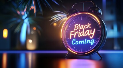 Countdown clock over a dark background with "Black Friday Coming" in bold neon text, glowing with excitement.