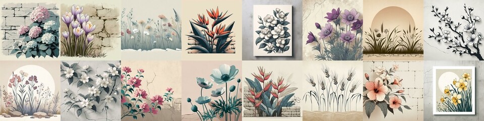 Flowers drawing on stone wall. Vintage style. AI generated illustration