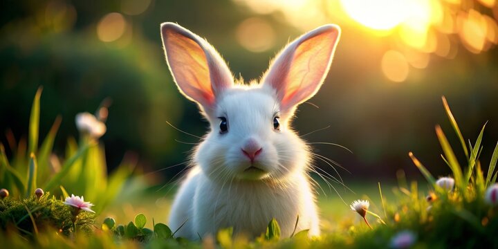 This adorable white bunny boasts big floppy ears and a mischievous grin, frolicking happily in a lively, colorful