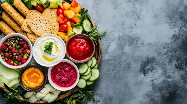 Colorful platter with dips and fresh vegetables