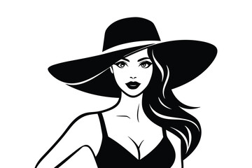 Female Model Silhouette Posing with Hat, Fashion Illustration, Elegant Woman Outline, Fashion Pose Art