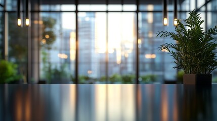 Interior office view over a table with panoramic windows in background, city downtown visible from windows