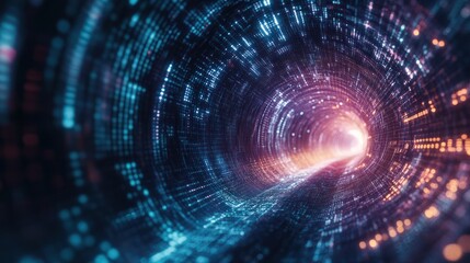 Obraz premium 3D Rendering of abstract wire cable tunnel with digital binary data transmitting. Depth of field effect. Inside AI concept. Technology, machine learning, big data, virtualization. Product background