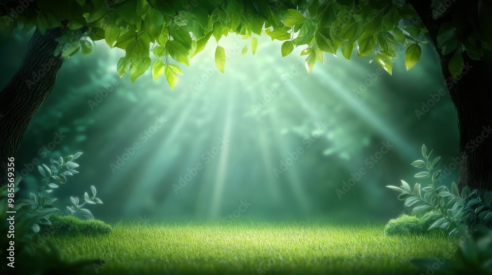 Poster deep green forest with layered foliage and a soft light filtering through, ideal for creating a natu