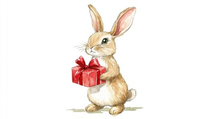 Obraz premium A rabbit is holding a red box with a bow on it