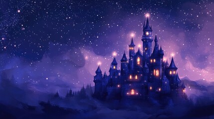Naklejka premium A beautiful pastel navy and silver castle with glowing star-shaped windows and softly illuminated by lanterns, under a starry futuristic sky, vector art