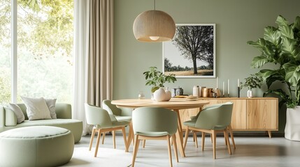 Interior dining room design with pistachio colored walls and modern style furniture