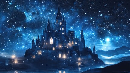 Fototapeta premium A futuristic pastel navy and silver castle under a star-filled sky, with glowing star-shaped windows and soft lantern light illuminating the surroundings, vector art