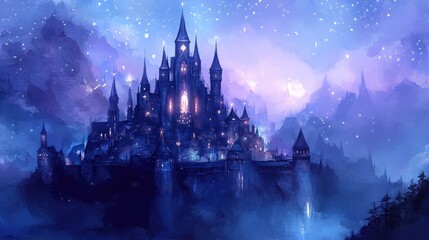 Fototapeta premium A futuristic pastel navy and silver castle, with glowing star-shaped windows and delicate stars twinkling in the sky, softly lit by lanterns, vector art