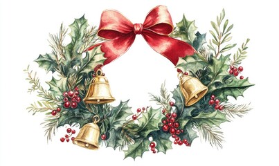 Fototapeta premium A wreath of red berries and pine cones with a white background