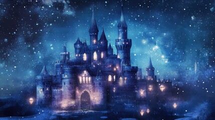 Fototapeta premium A magical pastel navy and silver castle with star-shaped glowing windows, set under a futuristic starry night sky, softly lit by lanterns, vector art