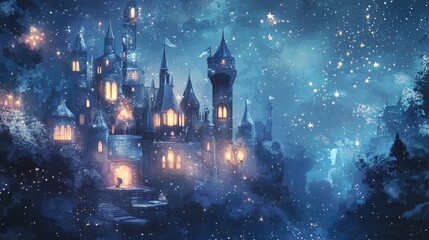 Fototapeta premium A futuristic pastel navy and silver castle, with glowing star-shaped windows and delicate stars twinkling in the sky, softly lit by lanterns, vector art