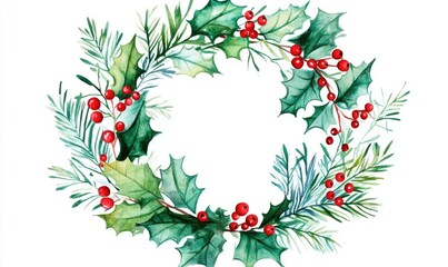 A watercolor painting of a wreath with red berries and green leaves