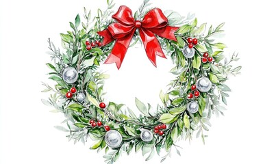 A wreath with red ribbon and green leaves