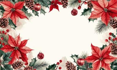 A red and white background with a red and green flower border