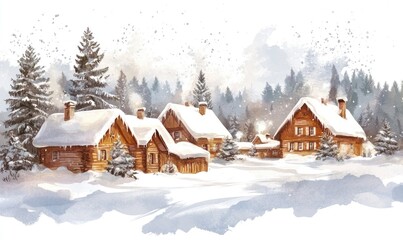 Fototapeta premium A winter scene with a small village of houses with snow on the roofs