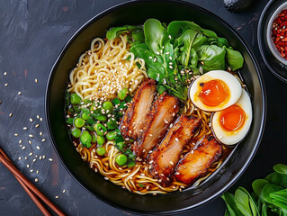 Colorful dish of pork ramen, top view