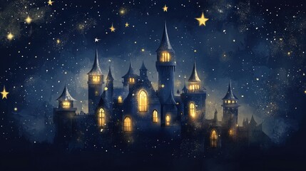 Fototapeta premium Futuristic pastel navy and silver castle, with soft star-shaped window lights and lanterns illuminating the night, surrounded by delicate stars in the sky, vector art