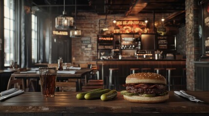 A lively BBQ restaurant offers smoked brisket sandwiches topped with pickles on wooden tables.