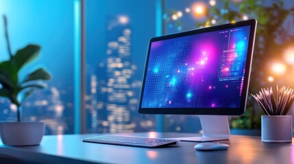 Fototapeta premium Desktop computer in a trendy workspace displaying vibrant Cyber Monday banners with flashing discount codes.