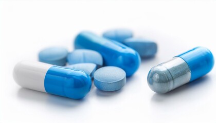 Isolated on white ,Selective focus on capsules and pills.Antibiotics drug resistance.