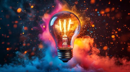 Creative explosion of colorful paint particles around a classic light bulb against black background illustration, new ideas and creativity concept