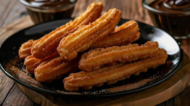 Crispy Golden Churros served on black plate