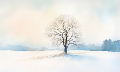 Fototapeta premium A tree stands alone in a snowy field