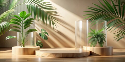 Fototapeta premium Wooden podium with glass wall displaying tropical leaves with shadows and pastel stage for showcasing cosmetic products in beige studio exhibitions