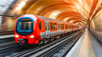 Fototapeta premium A vibrant metro train traveling through a modern underground tunnel, showcasing motion and urban transport dynamics.