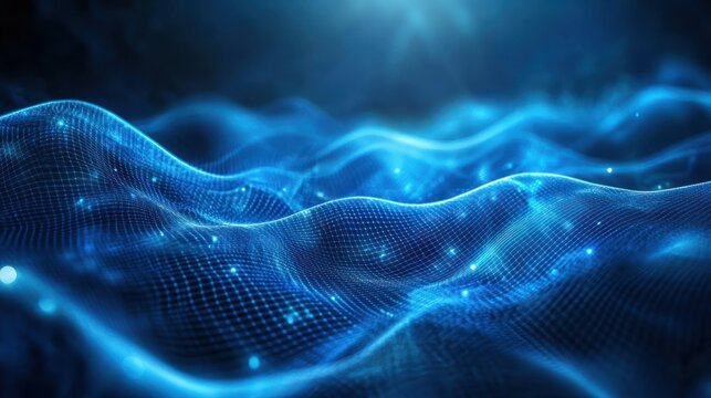 Abstract blue tech background with digital waves, dynamic network system, artificial neural connections, cyber quantum computing and electronic global intelligence