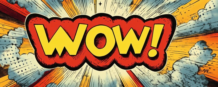 Comic style speech bubble with the word 'WOW' in bold letters surrounded by colorful explosive background