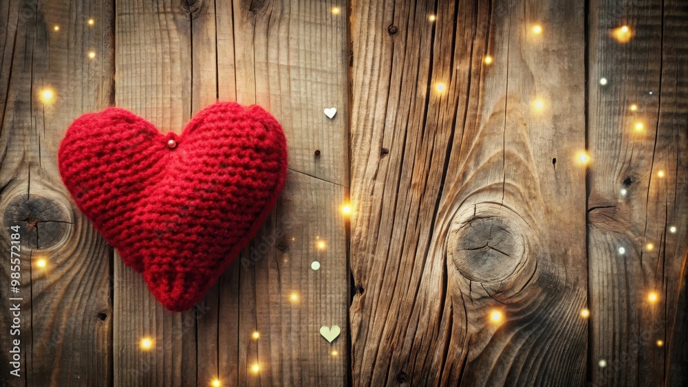 Poster Handmade red knitted valentine heart on rustic wooden with fairies effect and space for text