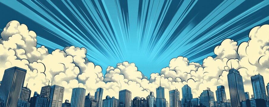  cartoon city skyline with dynamic clouds and blue sky creating a vibrant urban atmosphere