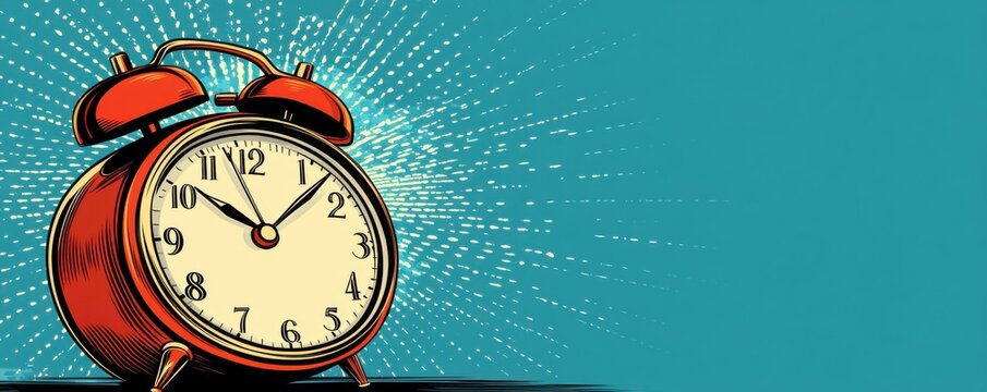 Vintage cartoon alarm clock illustration on a dynamic teal background with a burst effect conveying urgency and time management themes