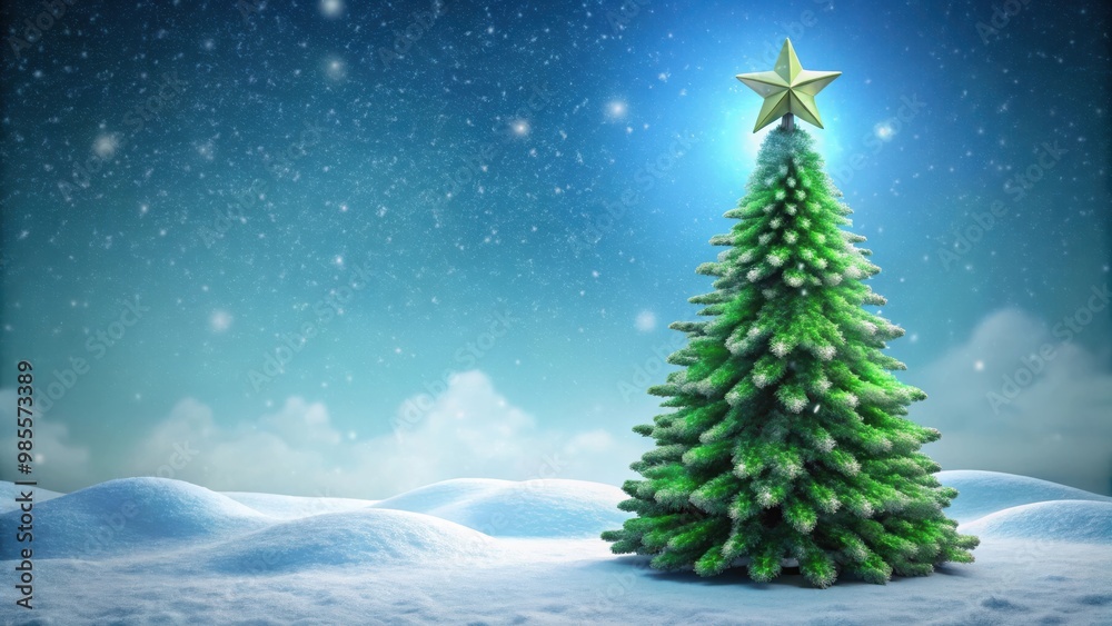 Poster green christmas tree with a star on top surrounded by snow with copy space