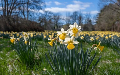 A field of yellow daffodils in bloom on a sunny day.