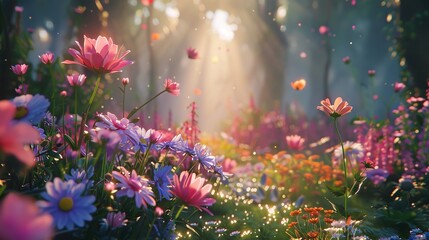 Paradise Garden Full of Flowers Beautiful Idyllic Background