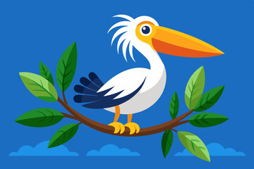 A cartoon-style pelican perched on a branch. The pelican has a large orange beak, white feathers, and black-tipped wings. It is standing on a branch with green leaves. The background is a solid blue c