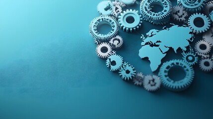 A world map made of gears and cogs, symbolizing economic interconnectedness on a blue backdrop.