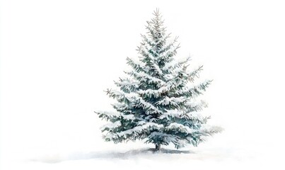 A snow covered pine tree stands alone in a white background