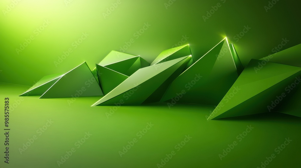 Poster dynamic green geometric low poly design with sharp facets and subtle lighting effects, creating an e