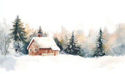 A small cabin is surrounded by trees and snow