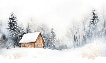 A small cabin is surrounded by trees and snow