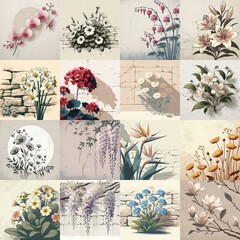 Flowers drawing on stone wall. Vintage style. AI generated illustration